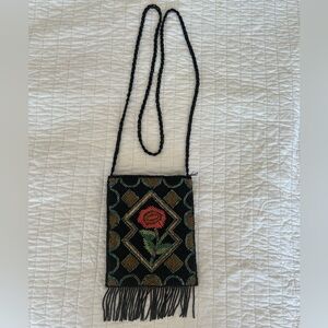 Vintage Black Beaded Fringe Crossbody Purse